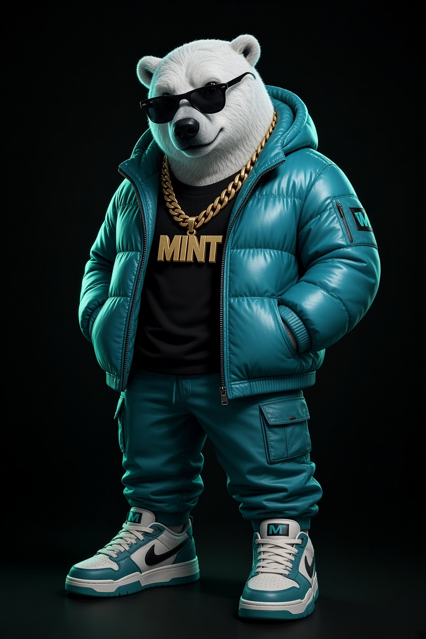Mint A Bear — polar bear in a teal puffer jacket